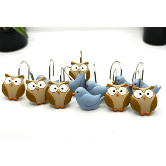 Set Of 12 Owl & Bird Shower Curtain Hooks Bathroom Decor - Picture 1 of 11